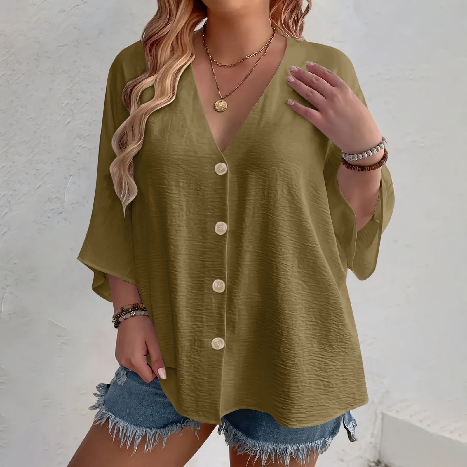 Button-Down Shirts for Women Plus Size L-4X Lightweight 3/4 Sleeve Blouses Tops Womens Casual Solid Color Loose V Neck Beach Cover Ups Tees Top