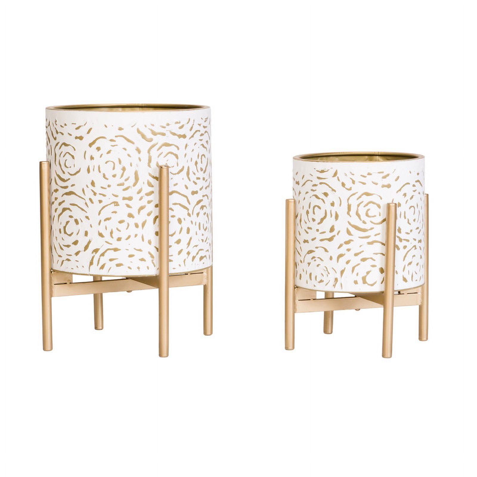 2-Piece Floral Metal Planter Pot With 4-Leg Gold Metal Base - White & Gold - 14.75"H x 11.75"W / 12"H x 9.5"W