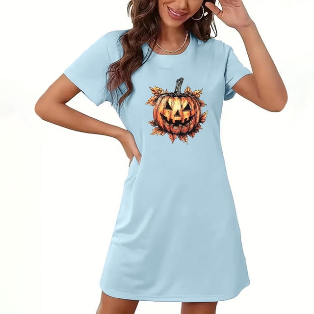 Pyjama d'Halloween pour Femmes, Grande Taille, Chemise de Nuit Courte avec Imprimé Poitrine et Col Rond, Vêtements de Nuit Confortables pour Tenue Décontractée