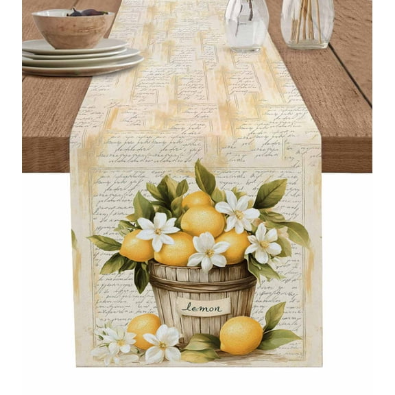 Table Runner Vintage Lemon Table Decoration for Kitchen Dinning White Flowers Leaf Table Decoration for Indoor Outdoor Party Wedding Decor 13x72 Inch