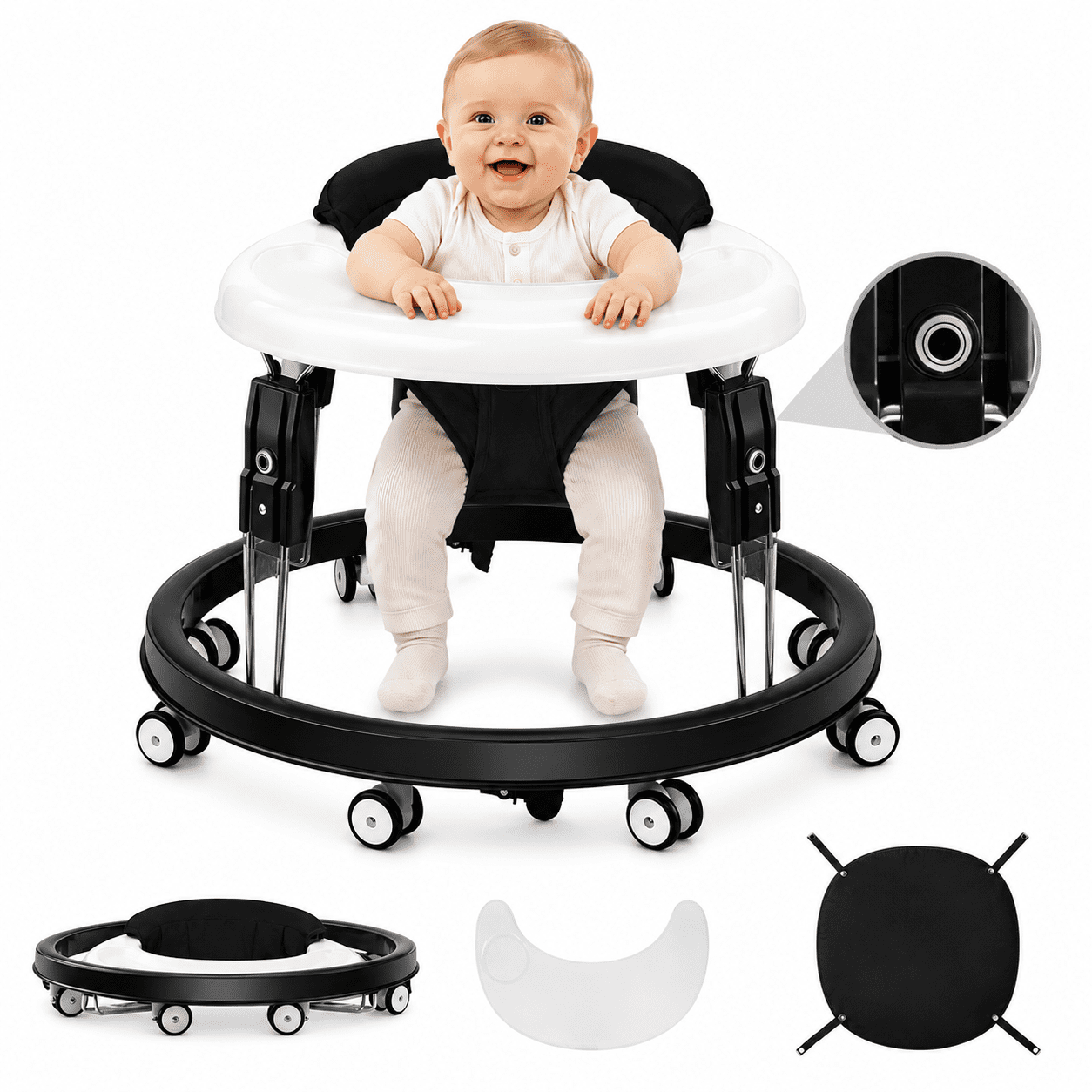 PRVAETU Foldable Baby Walker with 360° Wheels,Heights Adjustable,Dining Tray,Anti-Rolling,Foot Pad, 6-18 Months Infant,Black