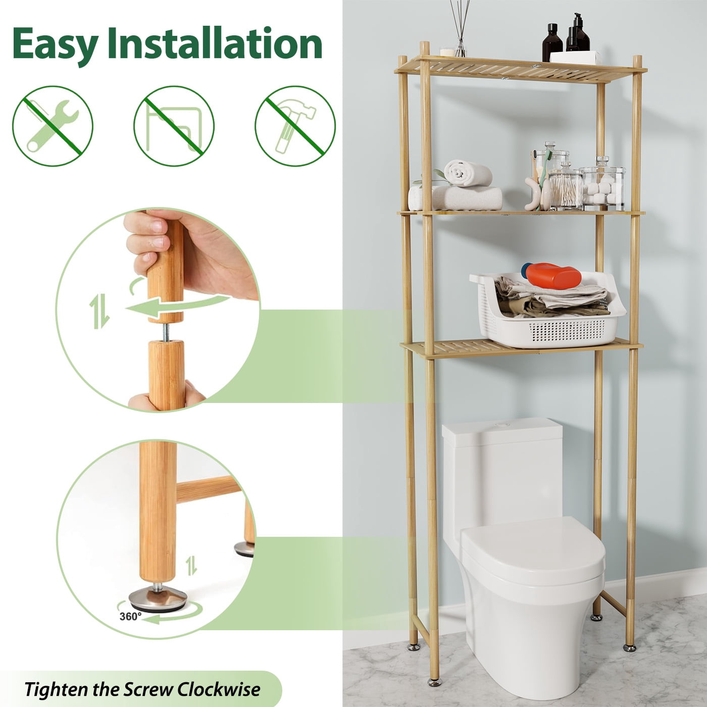 Bamboo Over the Toilet Storage Shelf, 3 Tier Freestanding Organizer Rack for Bathroom & Laundry Space-Saving Design Natural Color