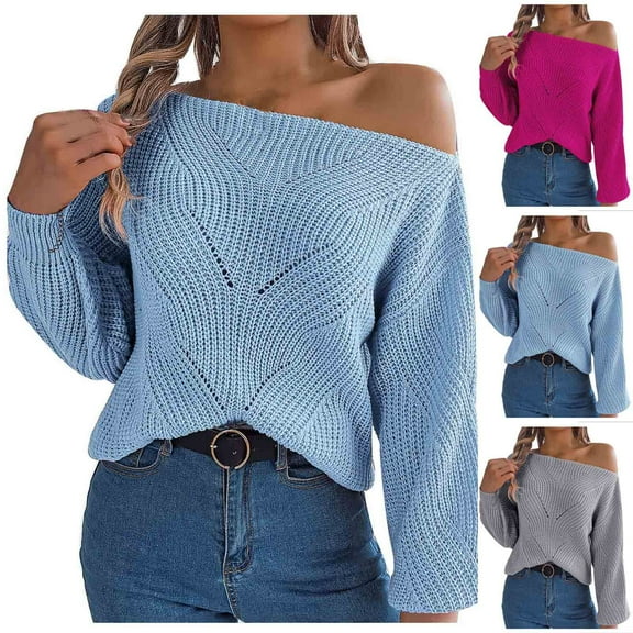 Lovskoo Sweaters for Women Trendy Casual Long Sleeve Off-The-Shoulder Solid Ladies Warmth Tops Blouse Gray