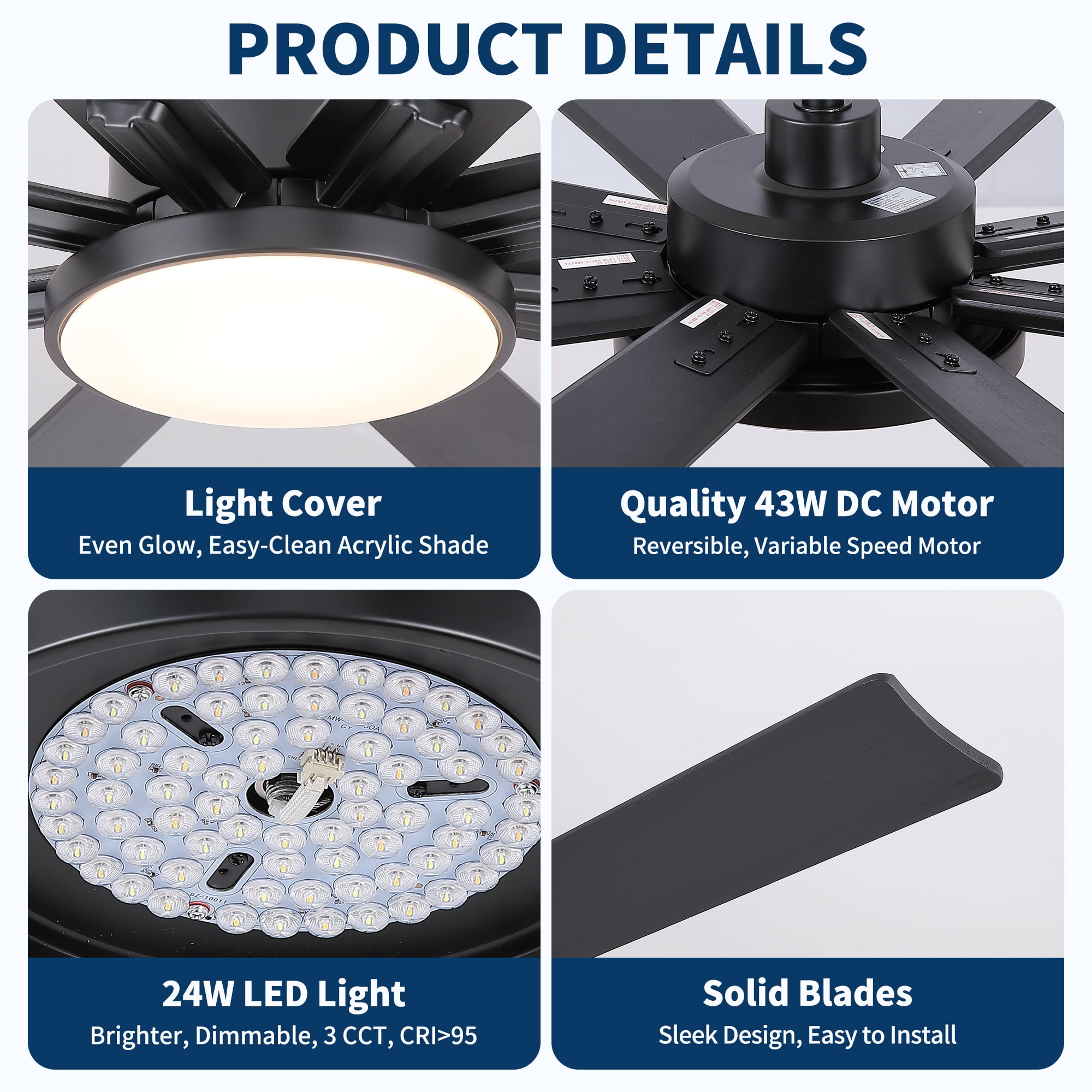 72 inch Ceiling Fan with Light, Solid Wood Blades DC Motor Reversible Remote Control,Black