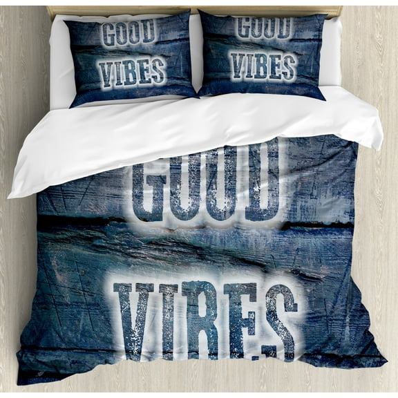 Good Vibes Duvet Cover Set Queen Size, Inspiration Quote on Wooden Planks with Grunge Scratched Display Relaxation, Decorative 3 Piece Bedding Set with 2 Pillow Shams, Dark Blue White, by Ambesonne
