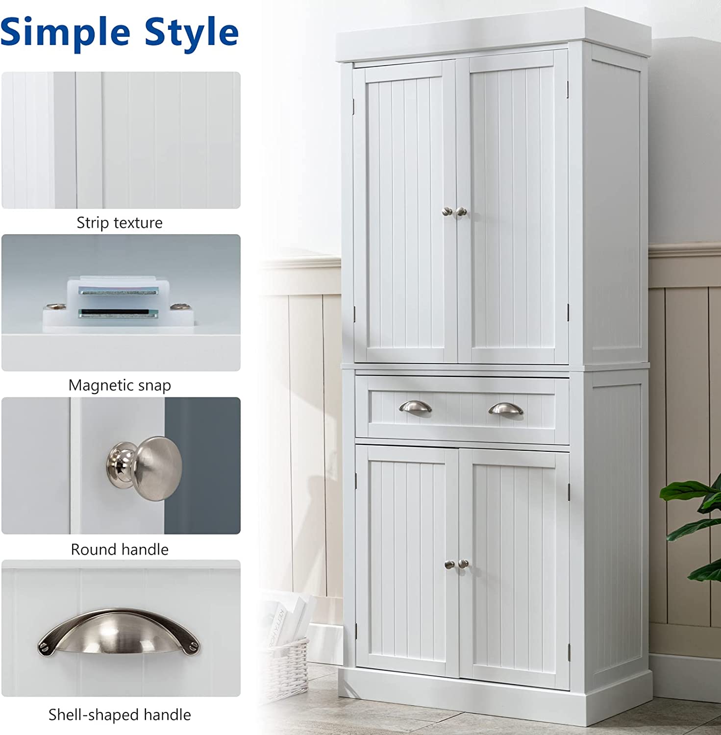 PWFE Kitchen Pantry Storage Cabinet, 72" Traditional Kitchen Pantry Cabinet, 6-Tier Freestanding Buffet Cupboards for Kitchen Storage(White)