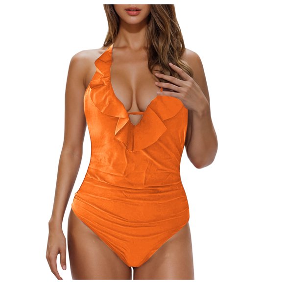 Feimerou Womens One Piece Swimsuits Sexy Halter Ruffle V Neck Tummy Control Bathing Suit Backless Slimming High Waisted Swimwear