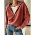 thumbnail image 4 of Suéter Informal Holgado de Punto Acanalado con Cuello en V y Larga para Mujer, con Cremallera de un Cuarto, para Invierno y Otoño Rojo Cobre L, 4 of 9