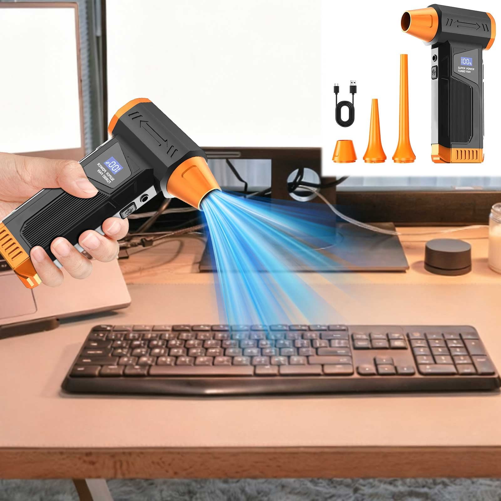 Cordless Electric Air Duster 110000RPM High Speed Blower, Powerful Compressed Air Cleaner with 4 Speed Control and Multi Nozzles for Computer Keyboard Car Detailing Electronics
