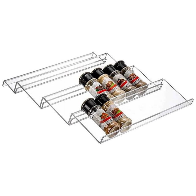 Especiero de plástico expandible de lujo, cajones de gabinete de cocina, 4 niveles inclinados para tarros de especias, almacenamiento de botellas de condimentos de alimentos - transparente