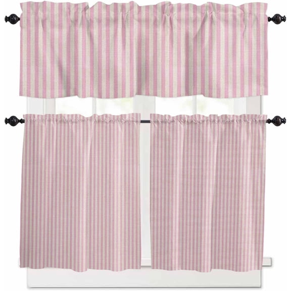Dark Blue Striped Kitchen Curtains, Modern Beige Geometric Country 3-Piece Kitchen Curtain Valance and Tiers Set 36 Inch Length, Rod Pocket Half Window Curtains for Cafe Living Room Bathroom