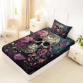 thumbnail image 4 of Castle Fairy Goth Damask Skull Twin Sheets 3pcs,Floral Peony Butterfly Stars Print Bedding,Teal Black,1 Fitted Sheet,1 Flat Sheet and 1 Pillowcase, 4 of 6
