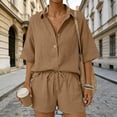 thumbnail image 6 of felwors Linen Short Sets For Women Oversized 2 Piece Outfits V Neck 2026 Solid Color Summer Vacation Beach Casual Button Suits (Khaki, M), 6 of 8