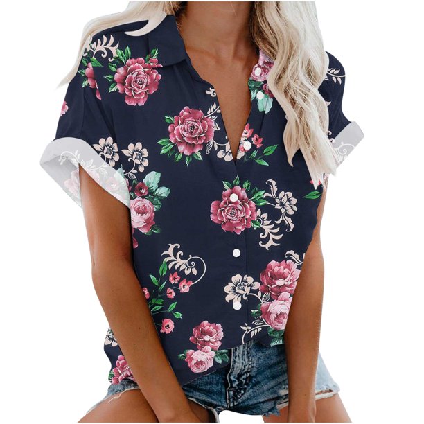 Blusa con estampado floral de manga corta con cuello en V para mujer OAVQHLG3B Store lin121212