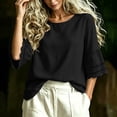 thumbnail image 3 of hoksml Women's Cotton Linen Round Neck 3/4 Bell Sleeve Blouse with Eyelet Trim, Loose Fit Casual Summer Daily Wear Top, 3 of 6