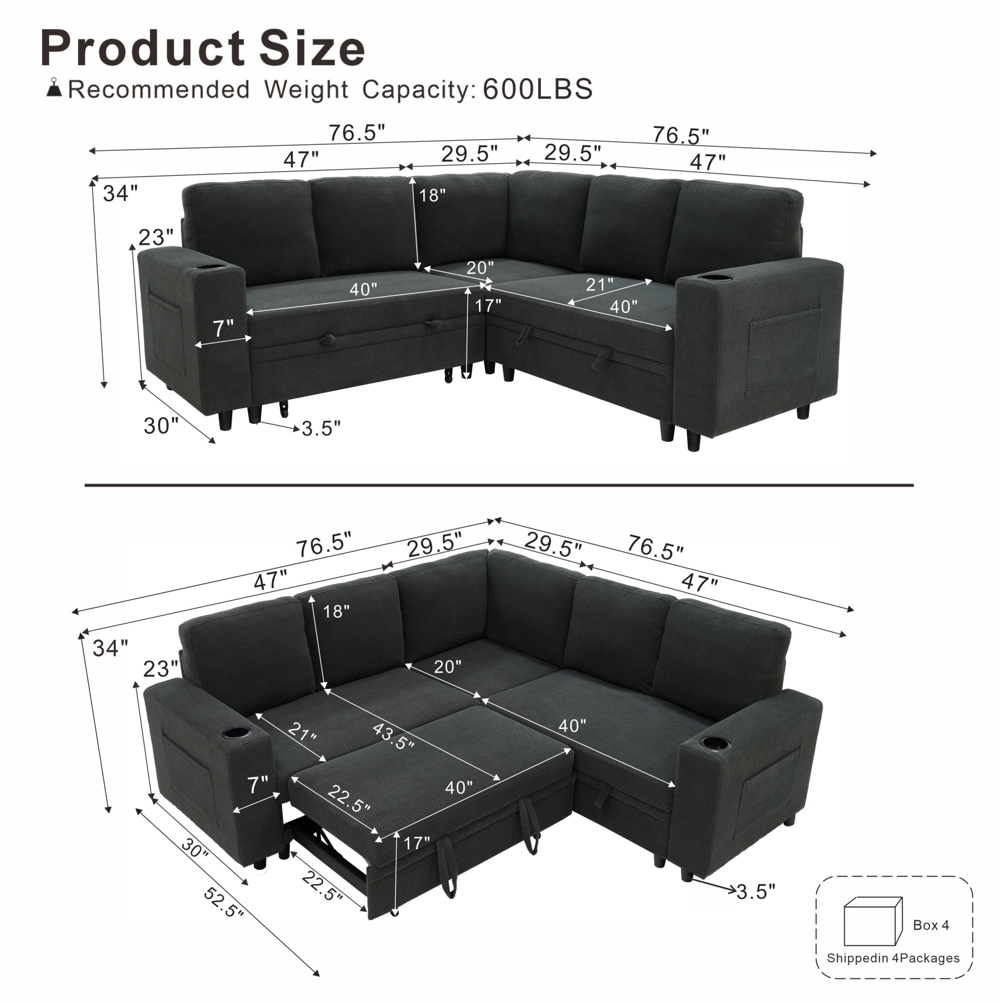 Leumius 76.5" Sectional Sleeper Sofa with Pull Out Bed,Storage Seat & Cup Holders,L-Shape Modern Upholstered Sofa Couch Convertible Corner Couch for Living Room,