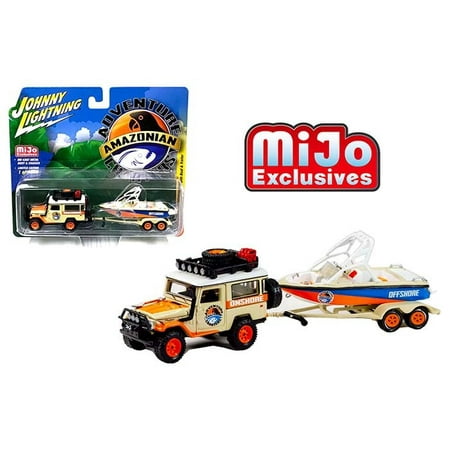 Johnny Lightning 1980 Toyota Land Cruiser with Boat and Trailer (Amazonian Adventure Charters) 1/64 Diecast Model Car (The Best Land Cruiser Model)