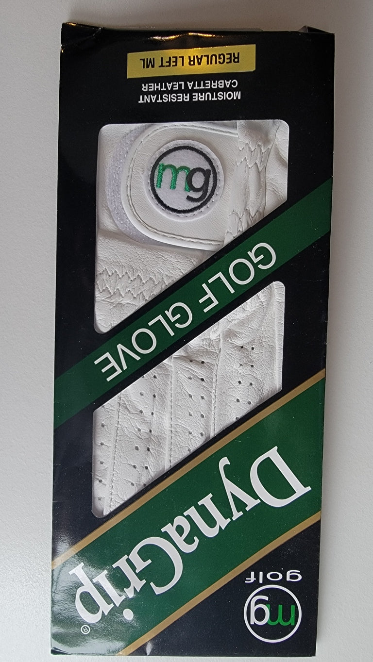MG DynaGrip White Leather Golf Glove All Cabretta Men's Left Handed Medium-Large (2-Pack)