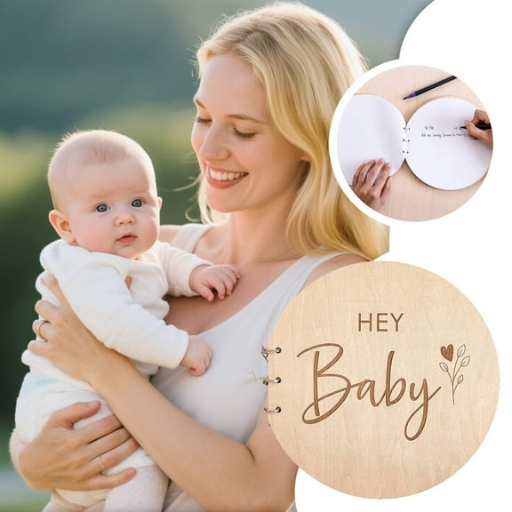 Toolix Notebook "Round Wooden Baby Memory Book ' Baby' Engraved Design Ideal For Recording Of Your Little One Perfect For Baby Showers & New Parents"