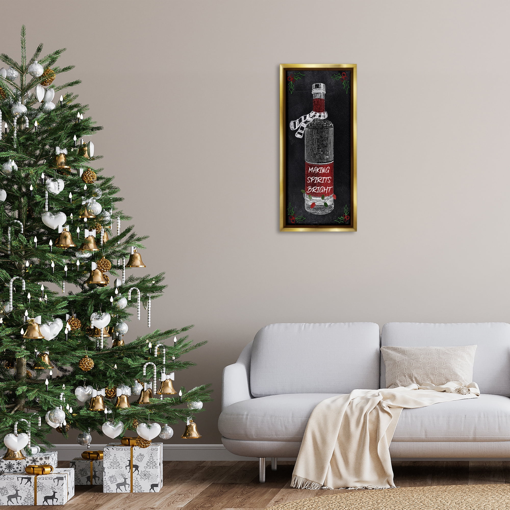 Stupell Industries Making Spirits Bright Bottle Holiday Painting Gold Floater Framed Canvas Art Prints Wall Art, 15 x 31