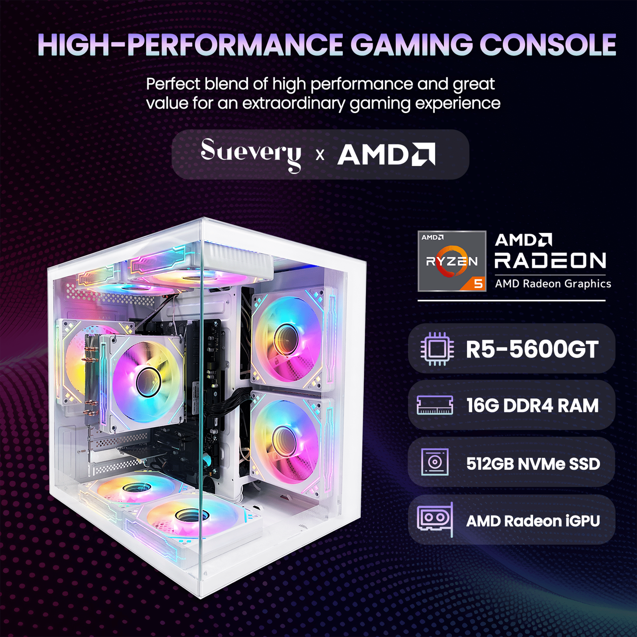 Suevery Gaming PC Desktop Computer, AMD Ryzen 5 5600GT, 16GB DDR4 RAM, 512GB NVMe 3.0 SSD, Wi-Fi 6, RGB Fan, 650W, Prebuilt Computer, White