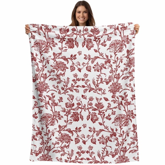 Red Boho Flower Blanket Soft Cozy Warm Throw Blanket for Couch, Plush Fuzzy Flannel Fleece Blankets for Sofa, Vintage Paisley Farmhouse Pattern Bed Blankets Lightweight Gifts for Women, 50"x60"