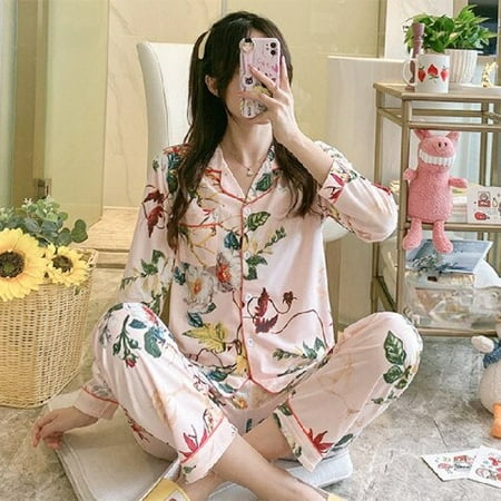 

CoCopeaunt Women Nightwear Sets WAVMIT Women Pajama Set Solid Color Stripes Pyjama Set Long Sleeve Sleepwear Women Top Long Pant