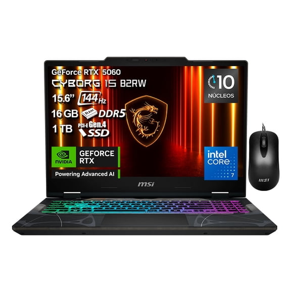 Laptop Gaming MSI Cyborg 15 NVIDIA GeForce RTX 5060 Intel Core 7 240H 16GB RAM 1TB SSD 15.6" FHD 144Hz Negro