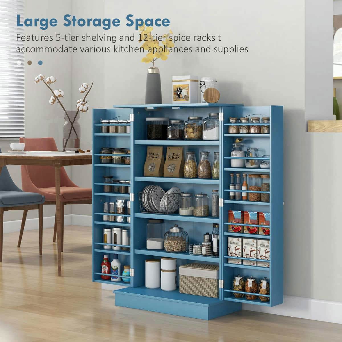 Spaco Freestanding Kitchen Pantry Cabinet with 5-Tier Shelving, Kitchen Cabinet with 12 Door Shelves and Double Doors for Indoor as Living Room, Kitchen, Blue