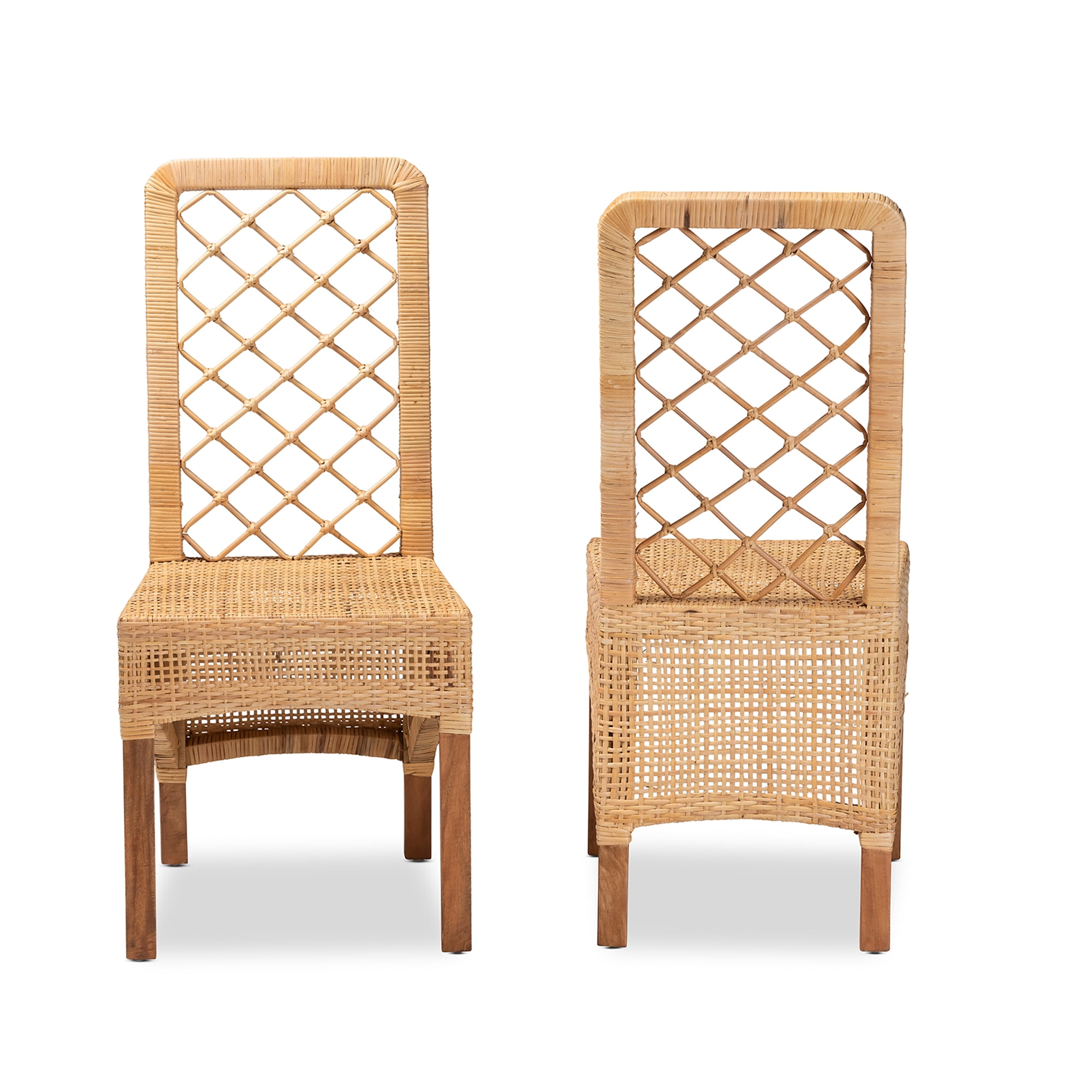 bali & pari Moscow Rattan and Mahogany wood BOHO Dining Chairs, Set of 2, Natural Brown