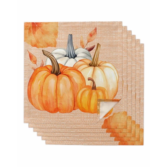 Orange Fall Pumpkin Cloth Napkins Set of 6 Reusable Dinner Napkins, Thanksgiving Botanical Leaves Retro Cocktail Napkin Washable Table Napkins for Wedding/Holiday Party/Baby Shower 20"x20"