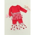 thumbnail image 3 of Kiapeise Infant Kid Baby Girls Valentine's Day Outfits Long Sleeve Heart Mesh Tulle Tops Tee Flared Pants Set 6M-4Y, 3 of 9