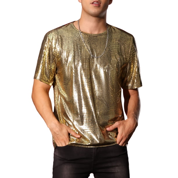 Camiseta de fiesta disco de manga corta para hombres con estampado de animal metálico INSPIRE CHIC 2XL Dorado