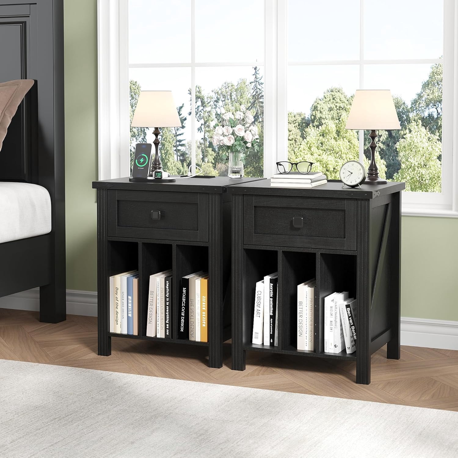 VEANERWOOD Nightstand with Drawers and Charging Station, Farmhouse Vinyl Record Storage Cabinet End Table for Bedroom Living Room