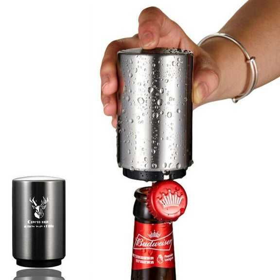 Magnetic Beer Bottle Opener, Bottle Cap Opener, Press & Pop Lid Open, Bar Opener Stainless Steel Automatic Push & Pull Magnet Bottle Top Opener Kitchen Utensils