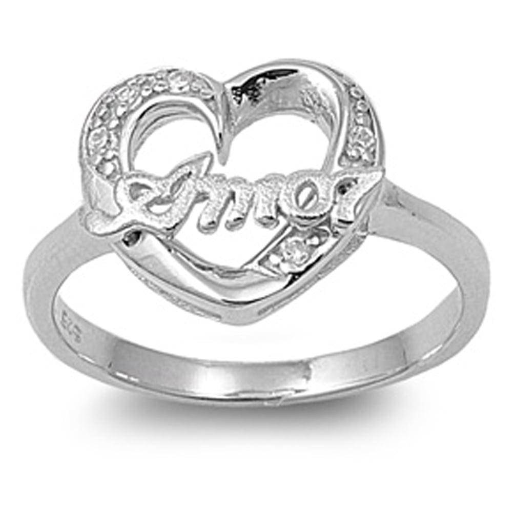 Clear CZ Spanish Amor Heart Love Promise Ring ( Sizes 4 5 6 7 8 9
