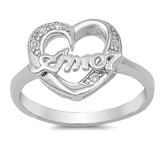 Clear CZ Spanish Amor Heart Love Promise Ring Sterling Silver Band White 925 Female Size 8