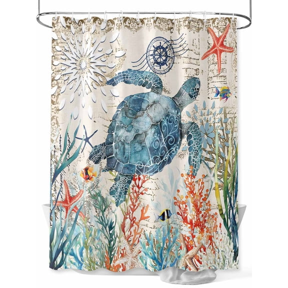 Fsddascl Coastal Sea Turtle Shower Curtain Set - Long 72" x 84" Bathtub Curtain with 12 Hooks, Vintage Ocean Nautical Fish Seaweeds Waterproof Fabric Stall Shower Curtains for Bathroom/Bathtub