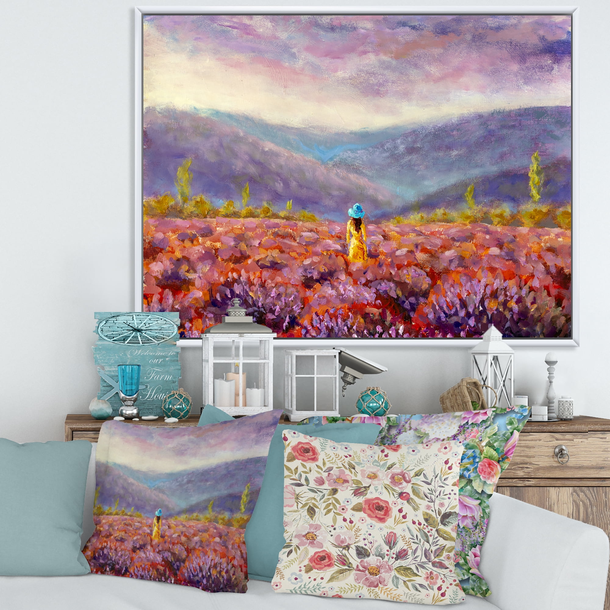 Designart 'Girl In Yellow Dress & Hat Walking Through Fields' Traditional Framed Canvas Wall Art Print
