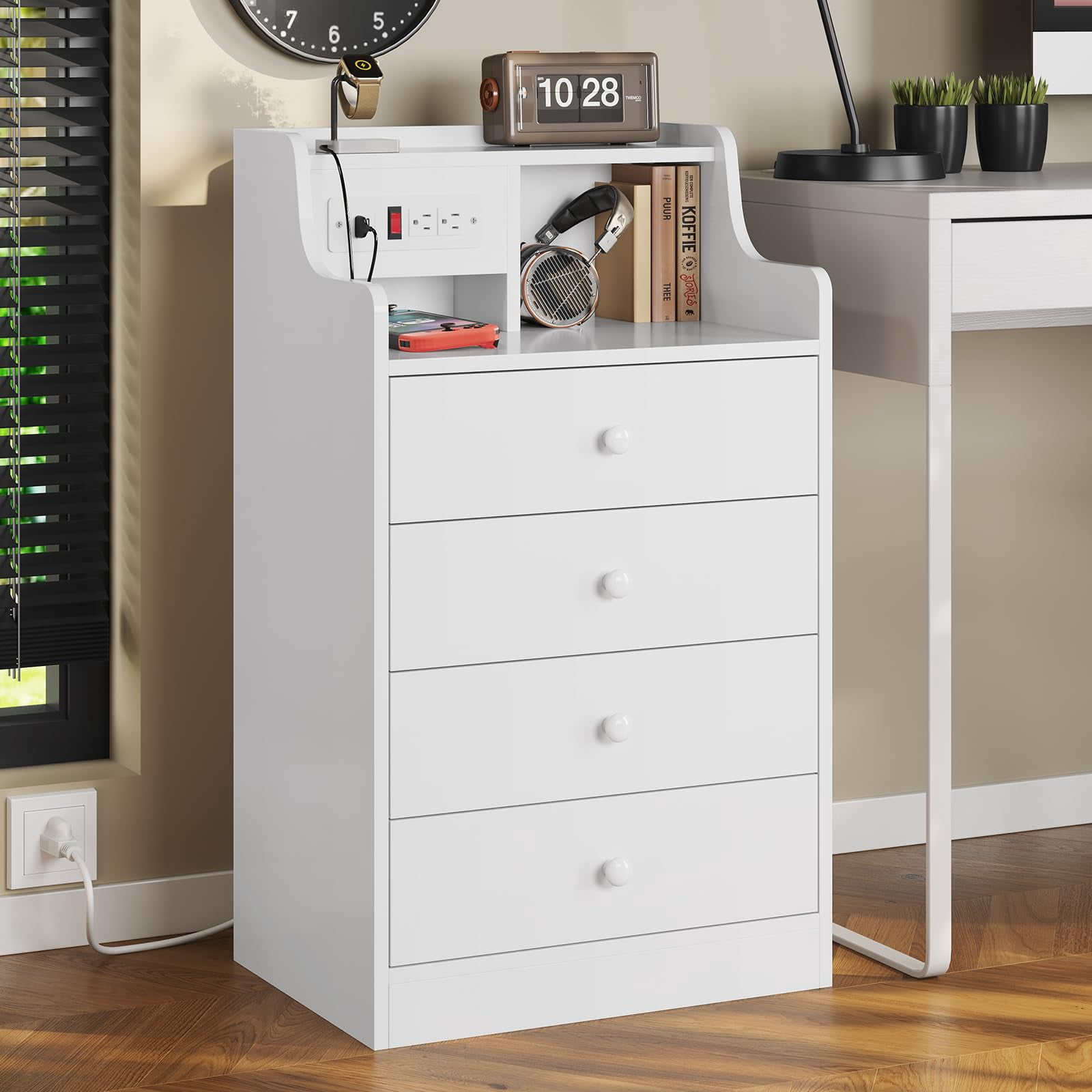 Afuhokles Set of 2 Nightstand with Charging Station, Bedside Table with 4 Drawers,End Table with Hutch, White