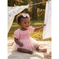 thumbnail image 6 of BemeyourBBs Infant Baby Girl First Birthday Outfit 1st Years Old Birthday Summer Clothes Letter Embroidery Bow Print Short Sleeve Smocked Romper Dress Bow Headband Set, 6 of 8