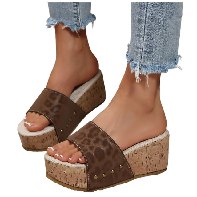 Wedge Sandals for Women Open Toe Cork Footbed Platform Sandals Slip On Fashion Studded Backless Mules Brown Size 7.5