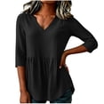 thumbnail image 2 of Yrmaups Loose Fit 3/4 Sleeve Peplum Top for Women, Casual V Neck Ruffle Blouse, Soft Stretch Tunic for Vacation Office Travel Everyday Outfit, Black 2XL, 2 of 6
