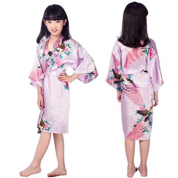 Camisón largo con estampado de peonías y pavo real para niña, bata de baño de verano de seda sintética fina para niños, cárdigan para el hogar