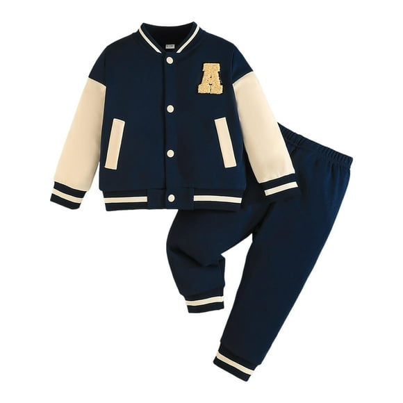 Splozh Ensemble de Vêtements pour Bébé Garçon Tenue Tout-Petit Garçon Veste de Baseball à Manches Longues Costume Confortable Doux à la Mode et Décontracté Veste Costume à Agencement de Couleurs Bleu Foncé, 2-3 Ans