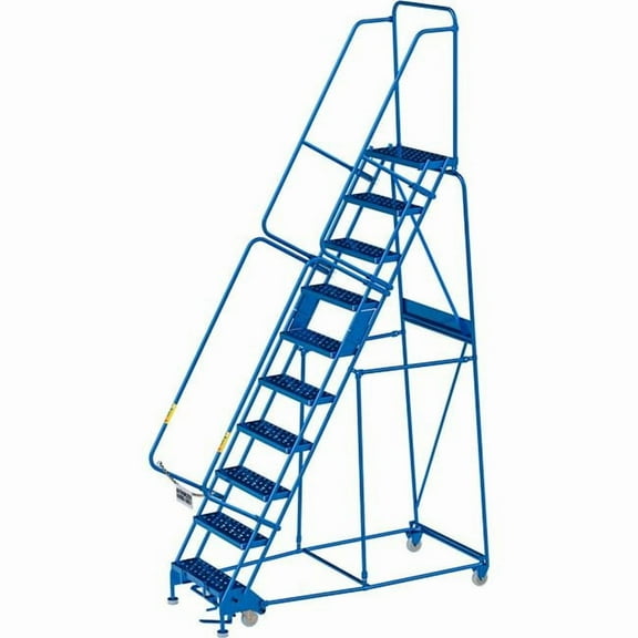 Global Industrial B3202260 10 Step Steel Rolling Ladder 24 in. Perforated Step - Blue