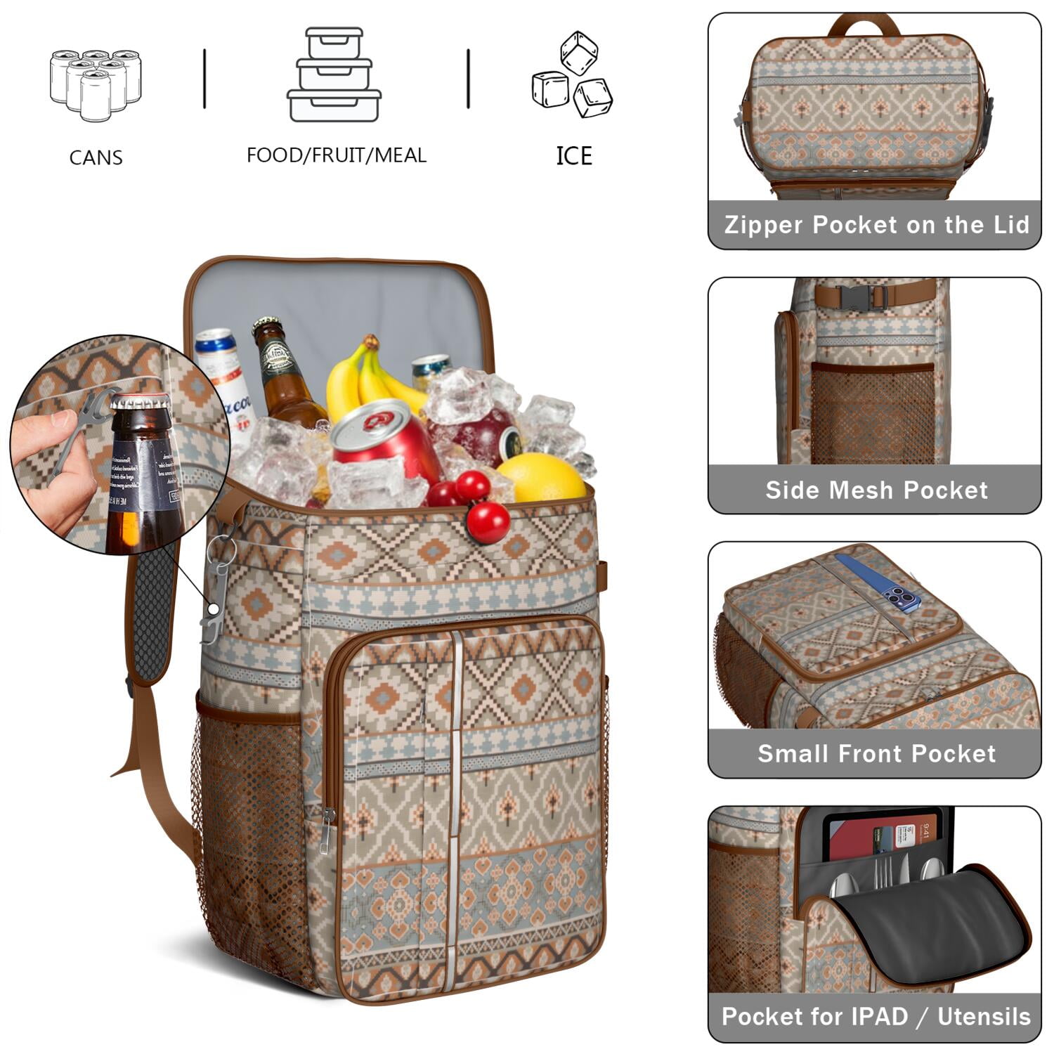 Travel Cooler Bag - Boho Bohemia Pioneer Flower Geometric Line Art Camping Beer Cooler Backpack with Bottle Opener- Waterproof Insulated Picnic Backpacks - Cooler Bag for Beach