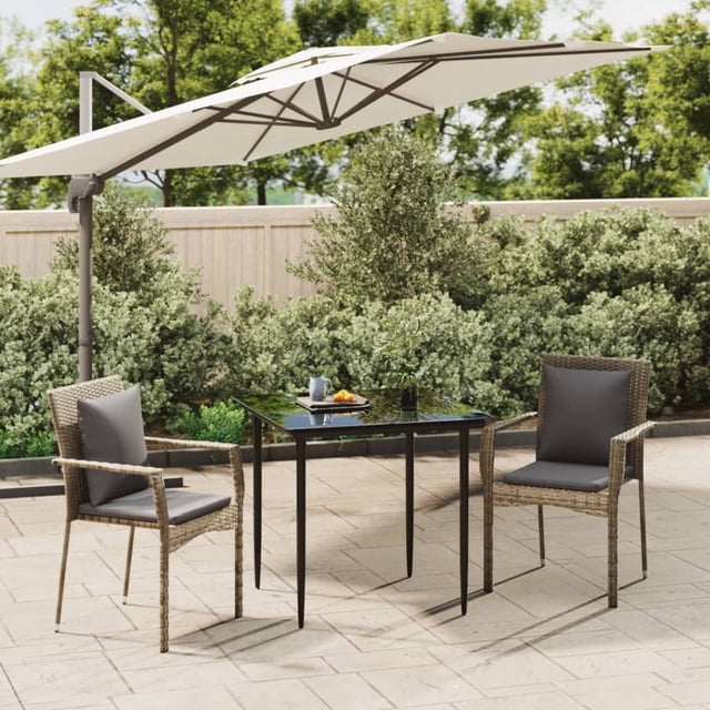 vidaXL 3 Piece Garden Dining Set with Cushions Black and Grey Poly Rattan