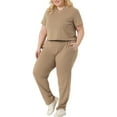 thumbnail image 4 of Agnes Orinda Women's Plus Size 2 Piece Outfit Short Sleeve V Neck Sweatshirt with Sweatpants Joggers Sports Suit 2X Khaki, 4 of 6