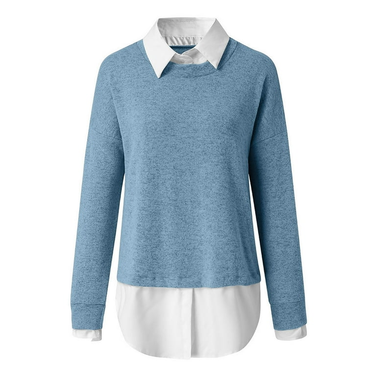 Gglogagt Women s Casual Collared 2 in 1 Pullover Tops Shirt Long Sleeve Sweater Blouse Solid Loose Fit Warm Sweatshirt Blue 5XL
